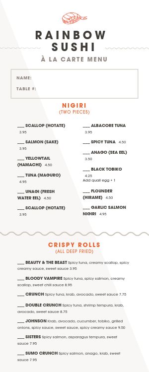 Sushi Roll Options Half Page Menu