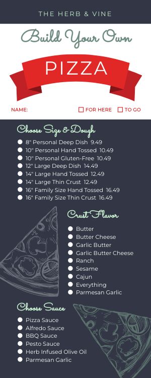 Pizza Toppings Half Page Menu