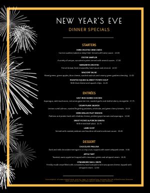 New Years Eve Dinner Specials Menu