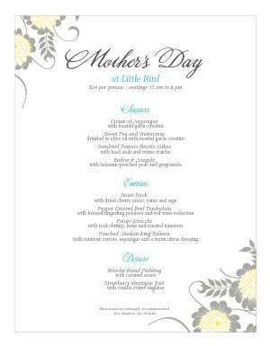 Menu for Mothers Day