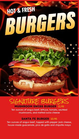 Flaming Burger Tall Digital Video Menu Board