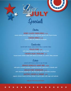 July 4th Celebration Specials Menu