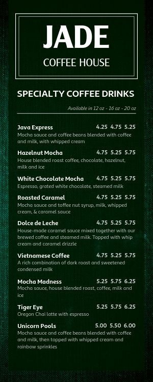 Jade Coffee Half Page Menu