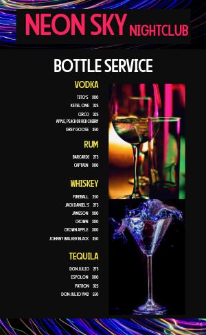 Bottle Service Night Club Menu