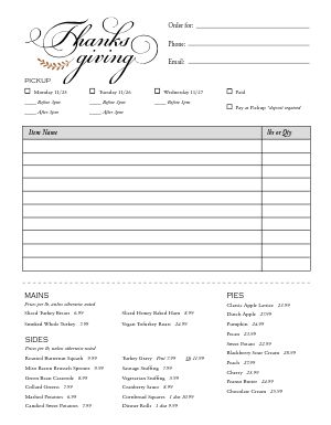 Restaurant Order Form for Thanksgiving Dinner