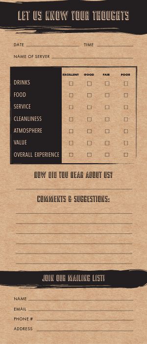 Tavern Comment Card