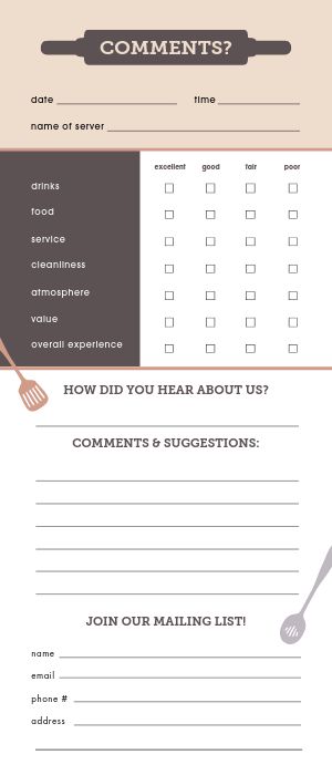 Cooking Comment Card
