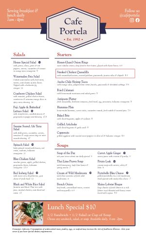 Graceful Coral and Navy Cafe Menu