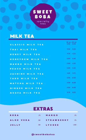 Blue Milk Tea Menu