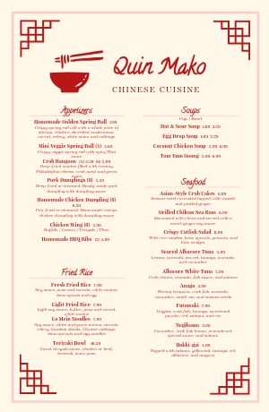 Red Noodles Chinese Tabloid Menu