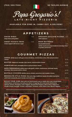 Downtown Pizza Menu