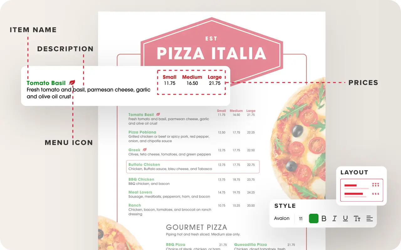 A menu in MHM's menu editor with different elements labeled