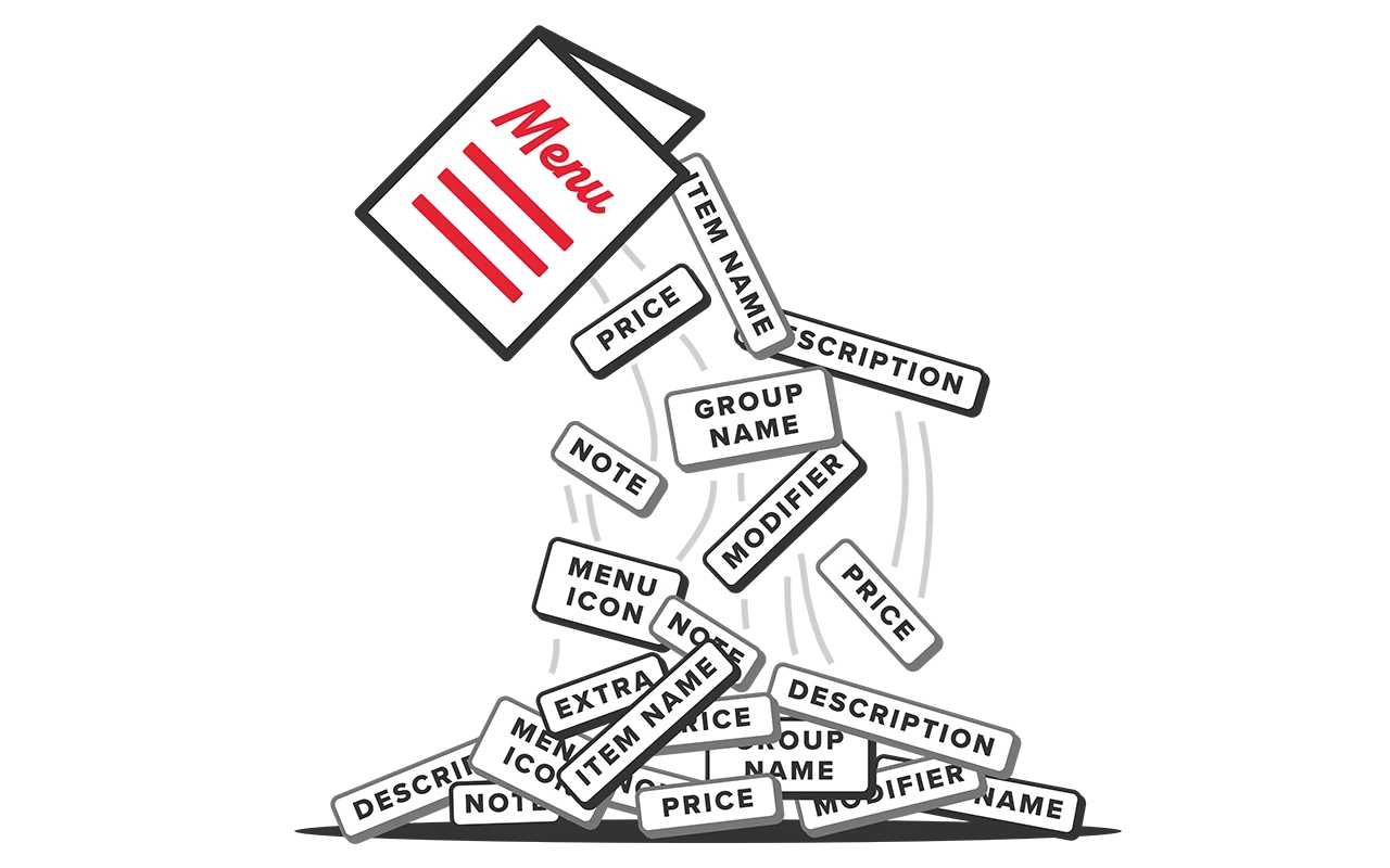 graphic of a menu tipped like a cereal box with menu design elements spilling out of it