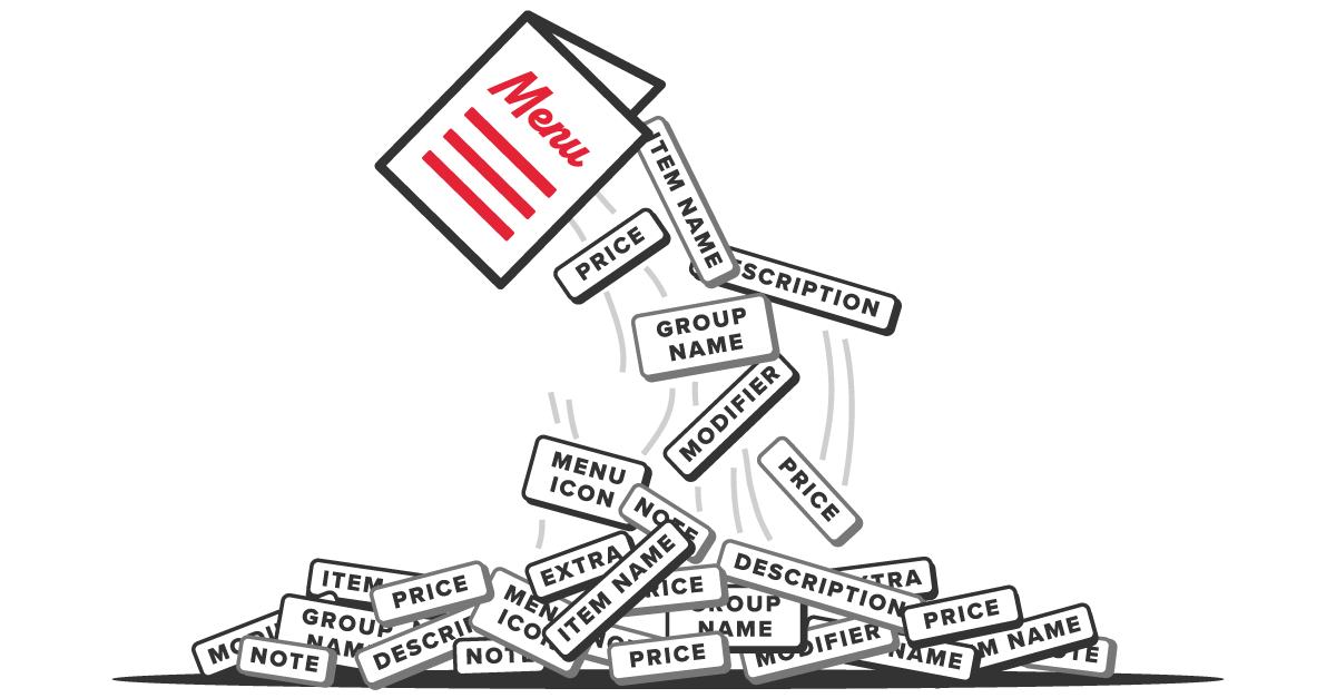 graphic of a menu tipped like a cereal box with menu design elements spilling out of it