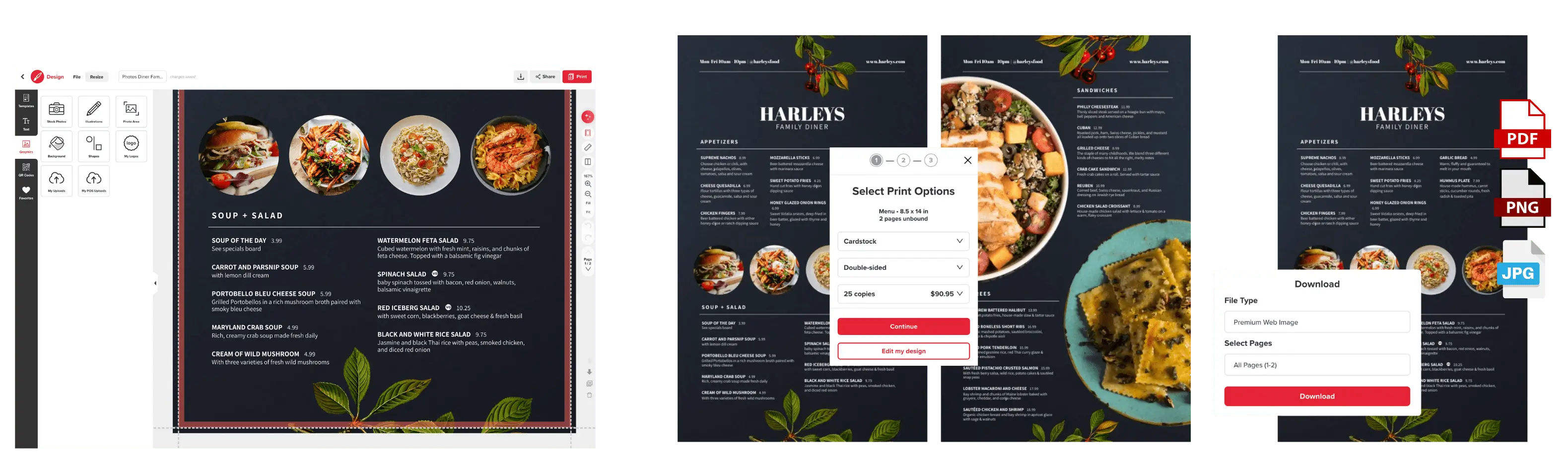 The process of design a menu then ordering prints from the web app