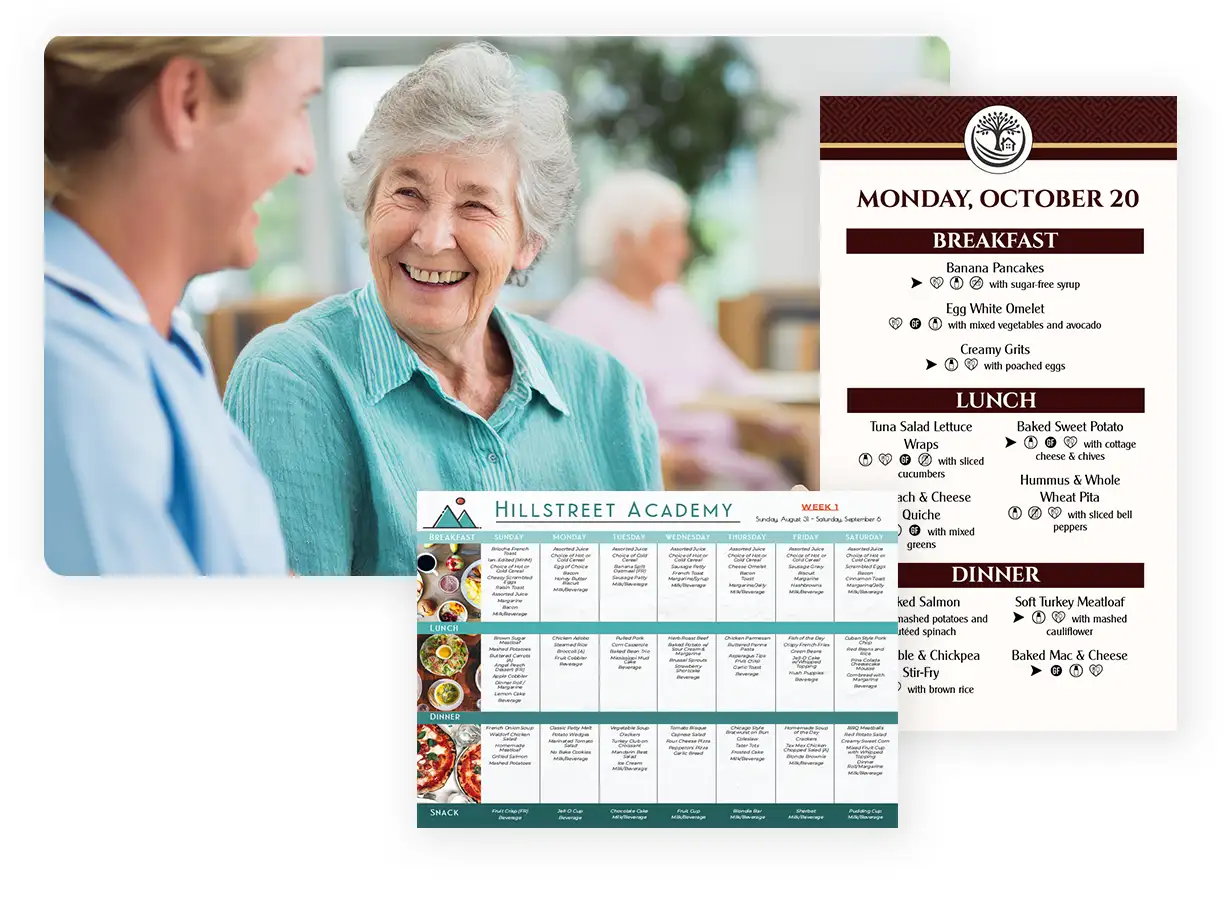 Senior living dining staff reviewing menus with MustHaveMenus and DiningRD