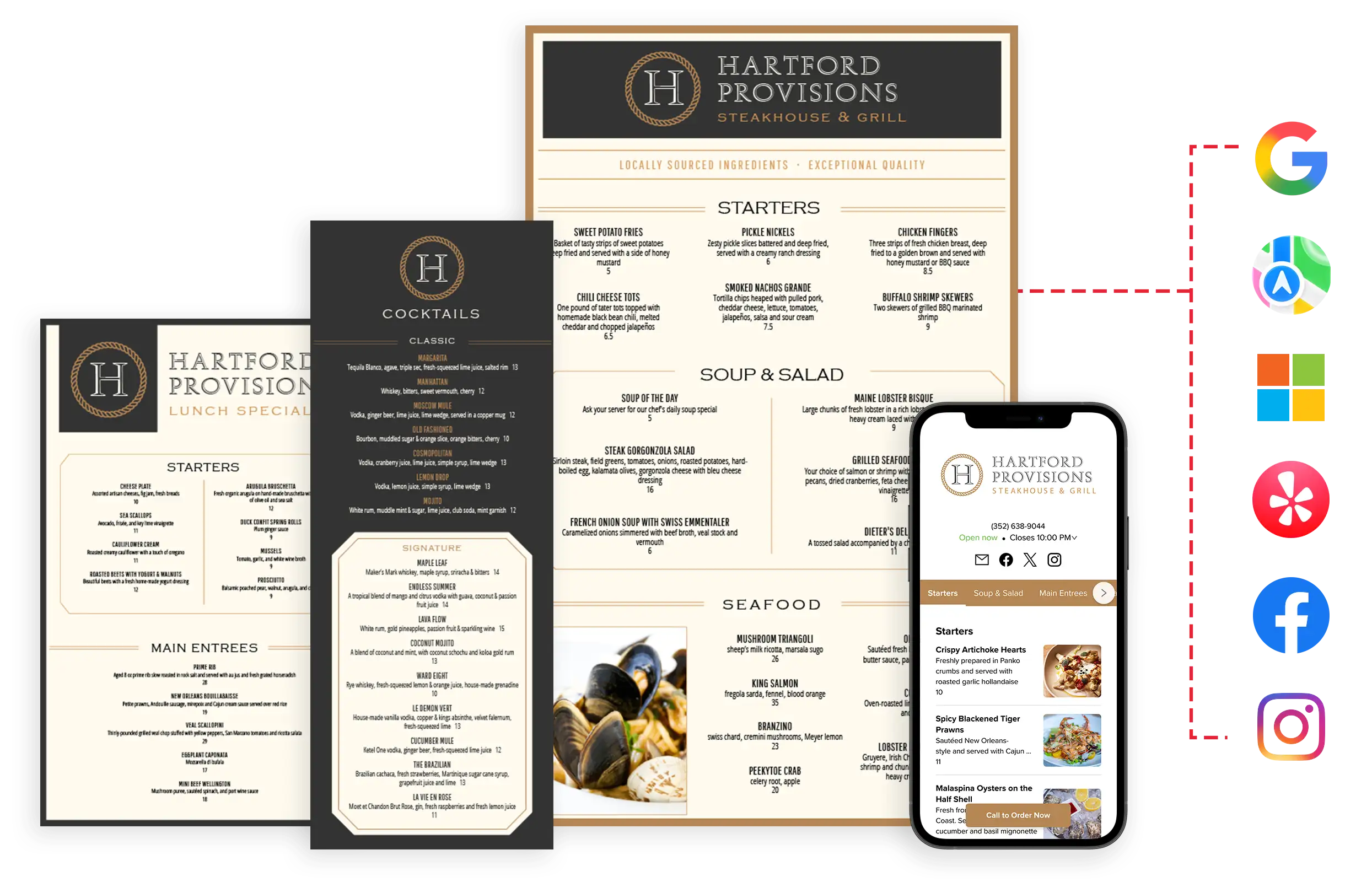 Restaurant menus displayed across print, tablet, and phone with publisher logos