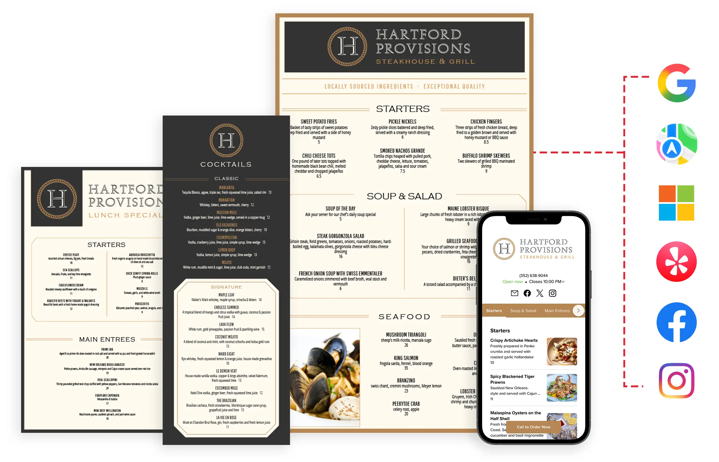 Restaurant menus displayed across print, tablet, and phone with publisher logos